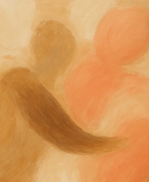 Peinture abstraite en tons chair et orangés, silhouette éthérée évoquant mouvement et énergie vitale